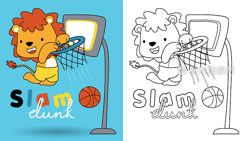 矢量卡通的狮子打篮球，着色书或页的孩子