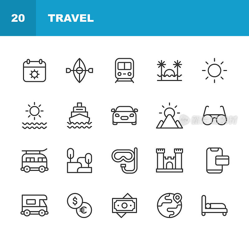 旅行线路图标。可编辑的中风。像素完美。移动和网络。包含飞机、海滩、公共汽车、露营、Covid-19护照、航班、徒步旅行、酒店、地图、户外活动、派对、餐厅、夏季、太阳、旅游、火车、交通、旅行禁令等图标。