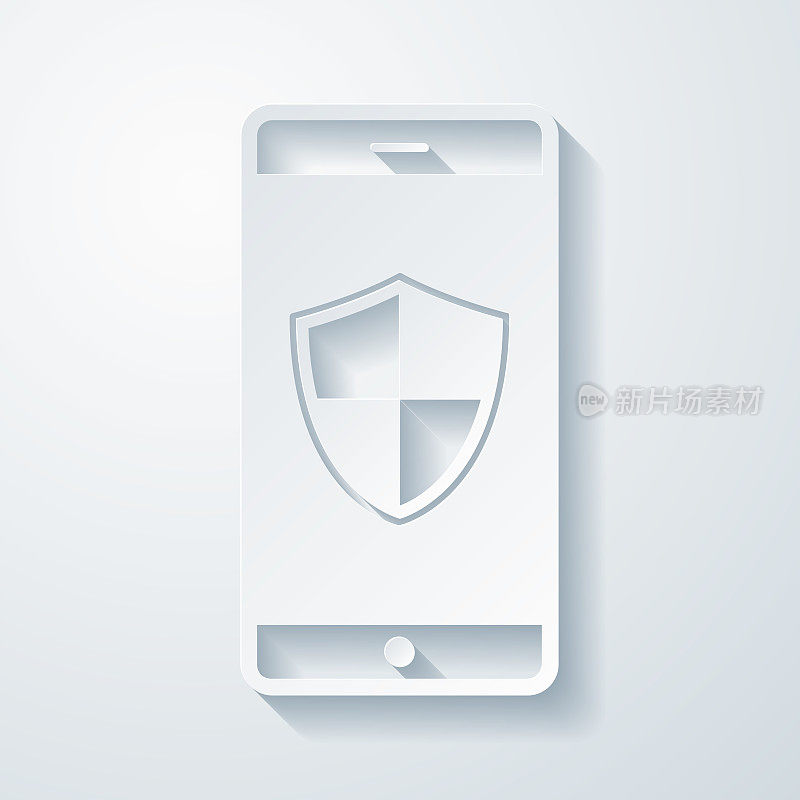 智能手机与盾牌。空白背景上剪纸效果的图标