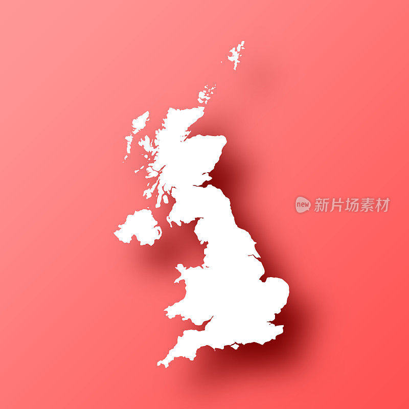 英国地图，红色背景带阴影