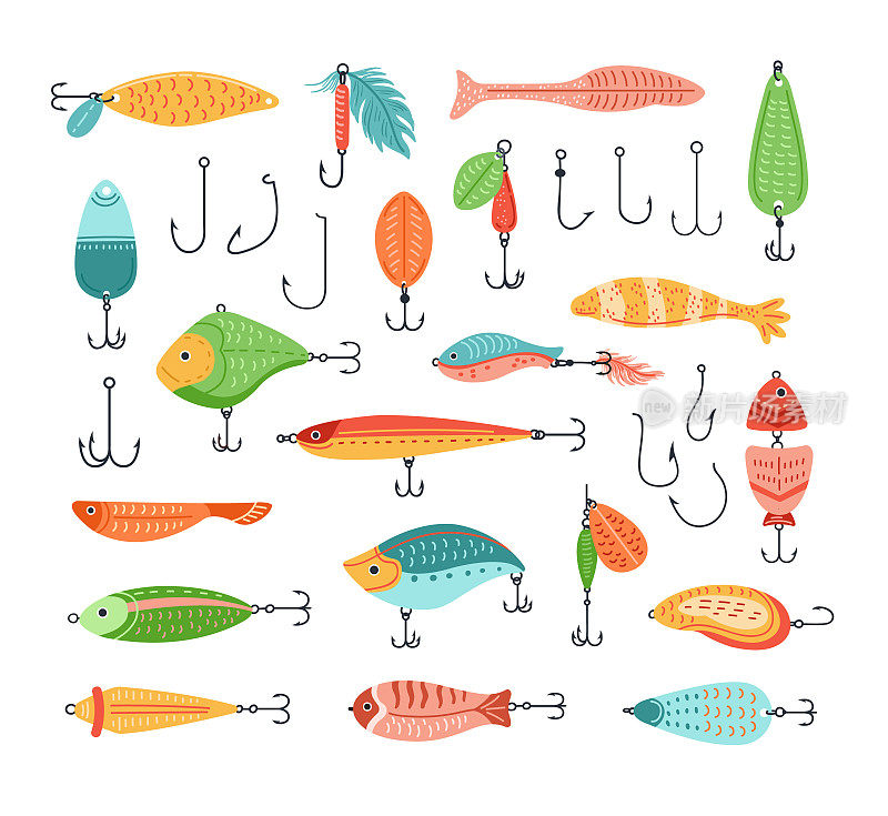 鱼饵钓鱼。鱼饵钩，卡通渔具和人工鱼形状向量集