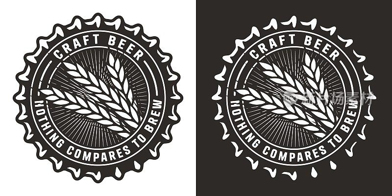 啤酒厂或工厂用的复古大麦啤酒帽。小麦、大麦和谷物麦芽用于啤酒或威士忌啤酒的生产工艺。矢量复古雕刻插画