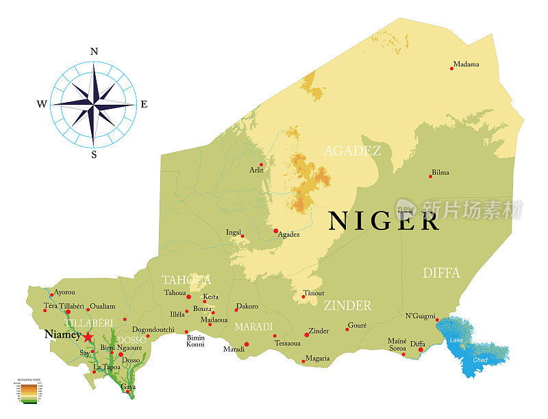 尼日尔高度详细的物理地图