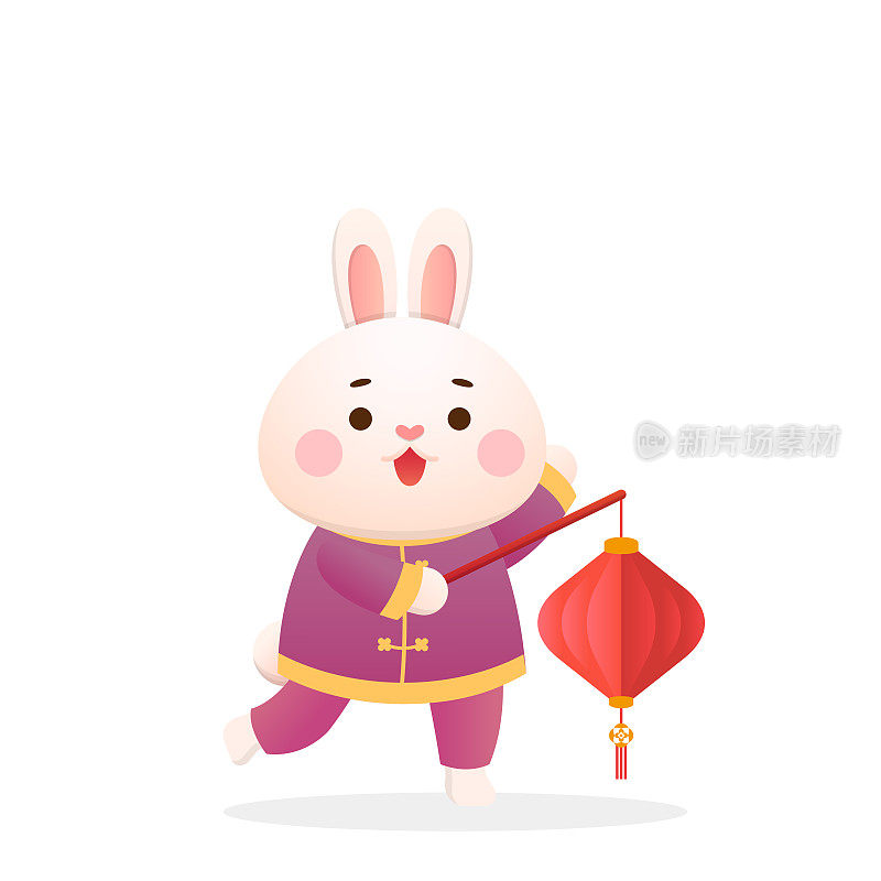 可爱的兔子角色或吉祥物与红灯笼，中国新年或元宵节或冬至，传统节日和文化在亚洲