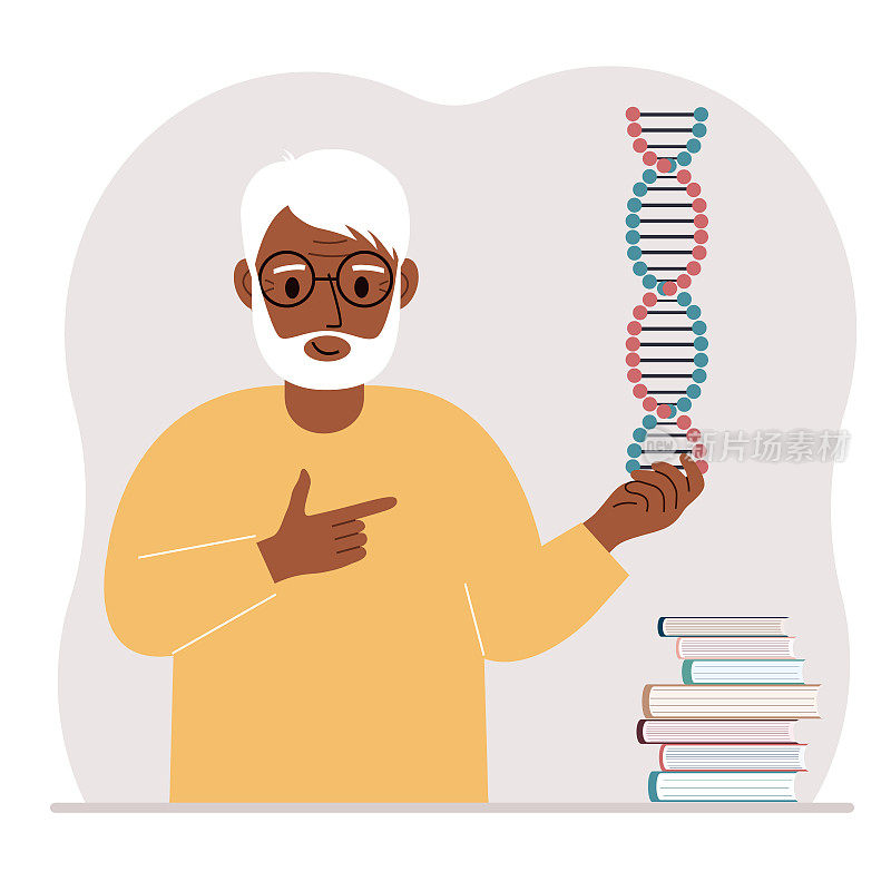一名男子手里拿着一个DNA模型，旁边有很多书。
