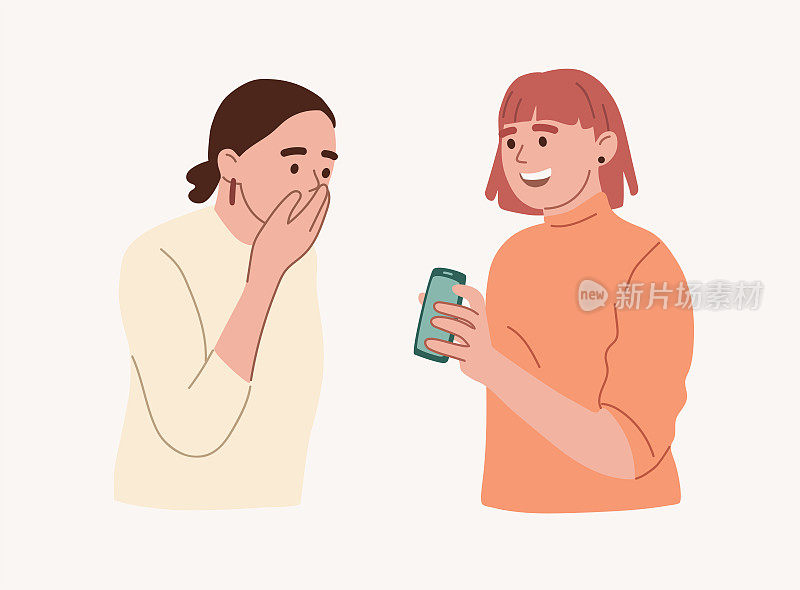 一名女子在手机屏幕上向朋友展示好消息。运气，胜利的概念。高兴，惊讶的表情。平面矢量图。
