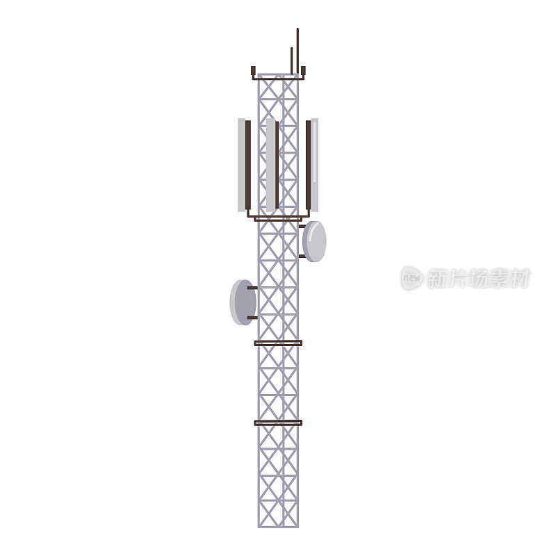 无线电桅杆，电信发射塔隔离卫星信号天线发射机，矢量图标。平面卡通电信发射塔，电视和无线电波广播天线杆子