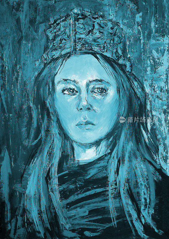 在蓝色色调的背景上，插图油画描绘了一个戴着杂色东方帽子的长发女人的肖像