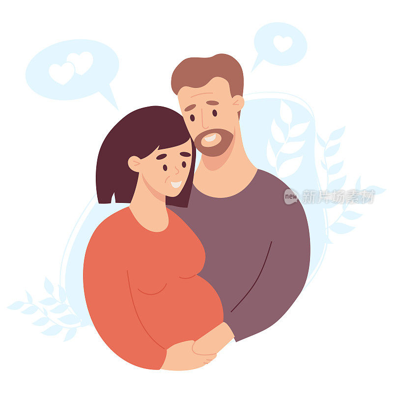 幸福的家庭。可爱的成年夫妇怀孕了。孕妇和丈夫。矢量插图。未来父母，怀孕母亲，为人父母的概念。