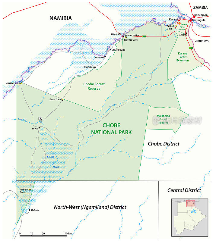 博茨瓦纳乔贝国家公园的矢量地图