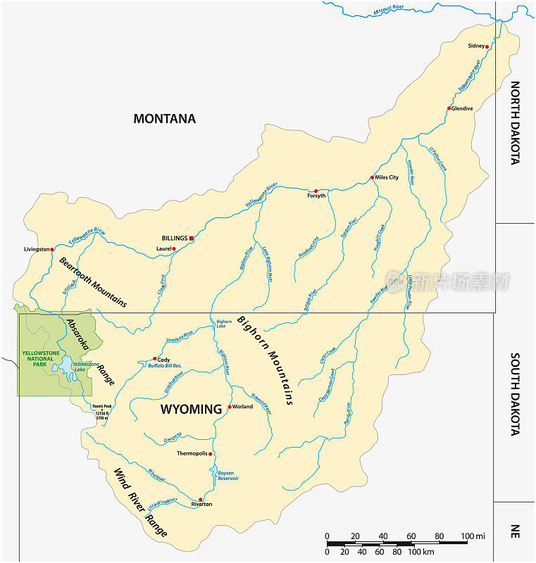 美国蒙大拿州和怀俄明州黄石河流域的矢量地图