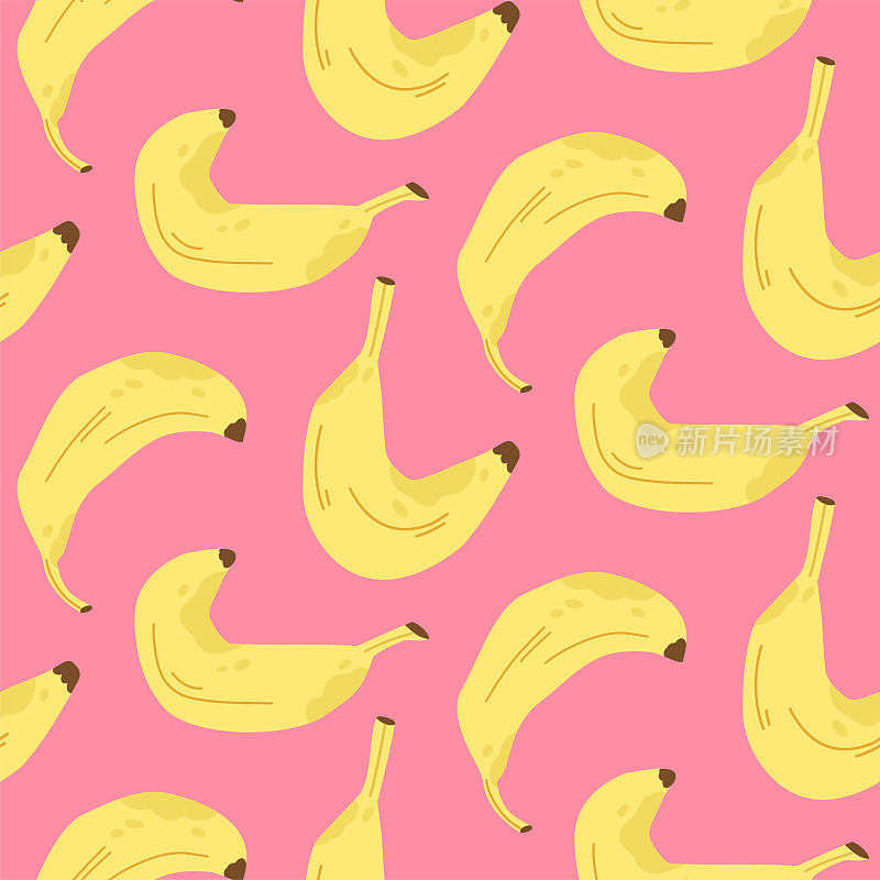 无缝香蕉图案的粉红色背景在卡通风格。带皮的成熟黄香蕉。