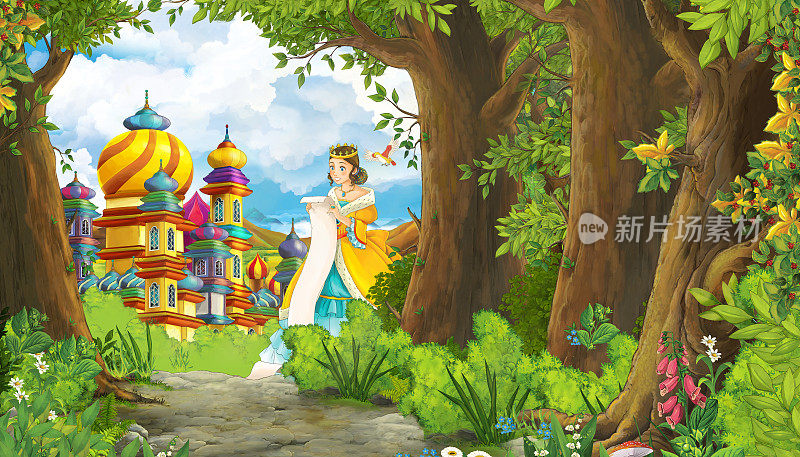 卡通自然场景与美丽的女孩公主和城堡-儿童插图