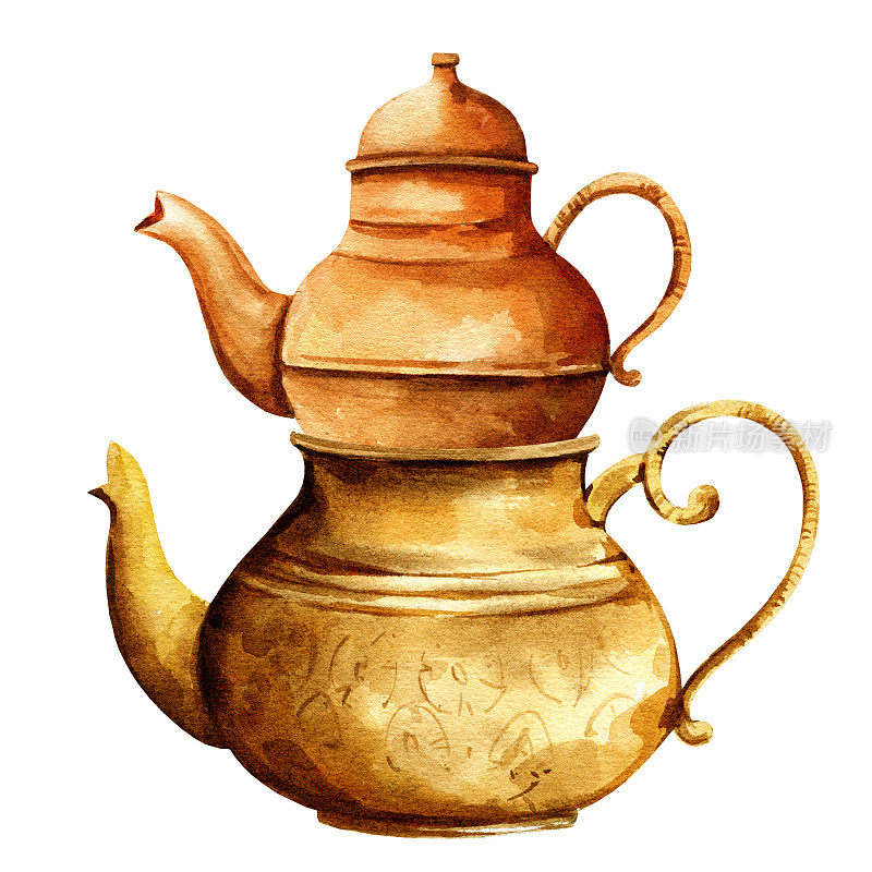 传统东方茶壶，两个铜质土耳其茶壶，白底东方茶饮