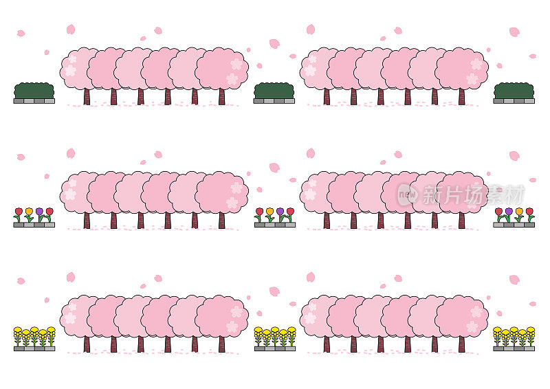 一排盛开的樱花树和春天的花朵，树篱套2