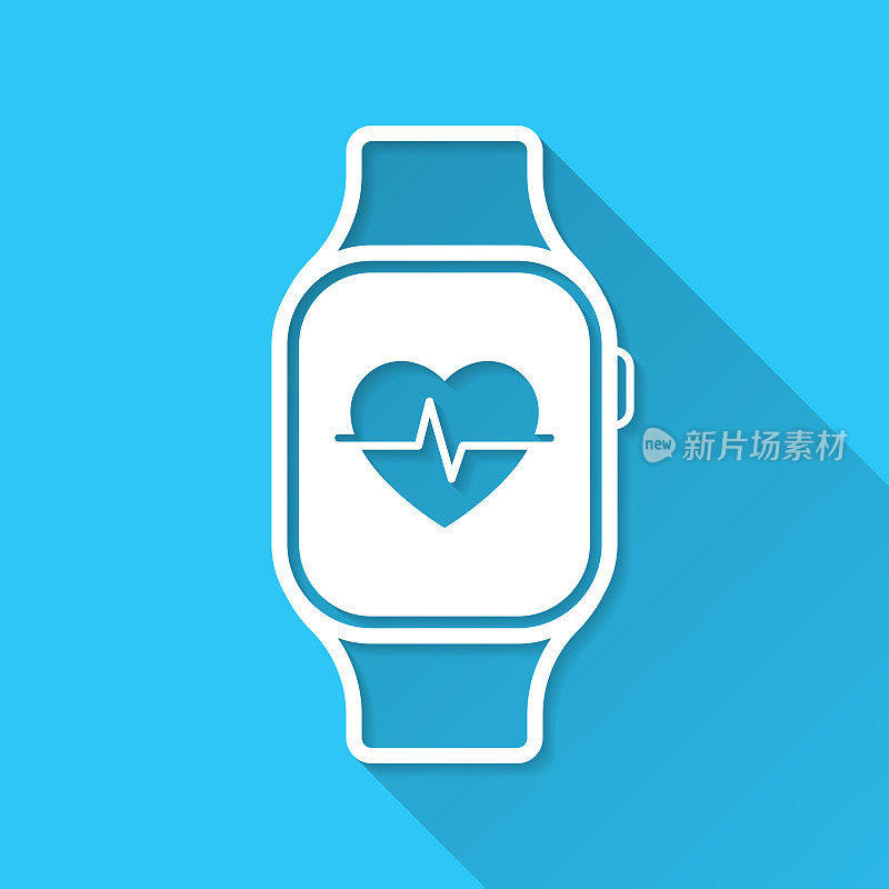 智能手表与健康应用程序。图标在蓝色背景-平面设计与长阴影
