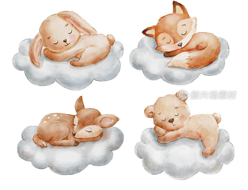 可爱的梦想熊，鹿，狐狸和兔子在云上。卡通手绘水彩插图。动物宝宝