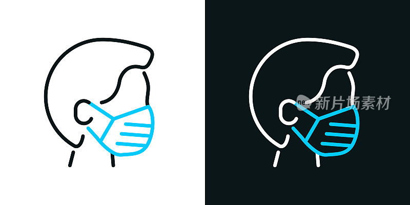 戴医用口罩的人。黑色或白色背景上的双色线图标-可编辑的笔画