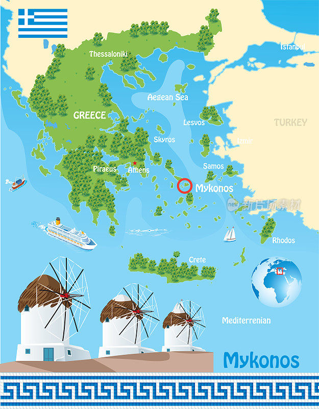 希腊地图和米科诺斯岛