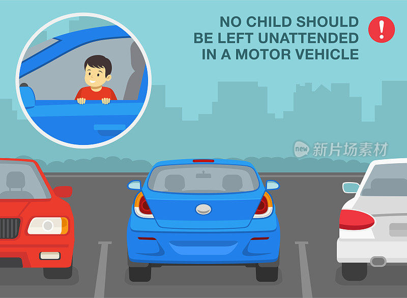 安全驾驶技巧和规则。任何儿童都不应无人看管地留在机动车辆中。男孩坐在驾驶座前。室外停车场汽车的后视图。