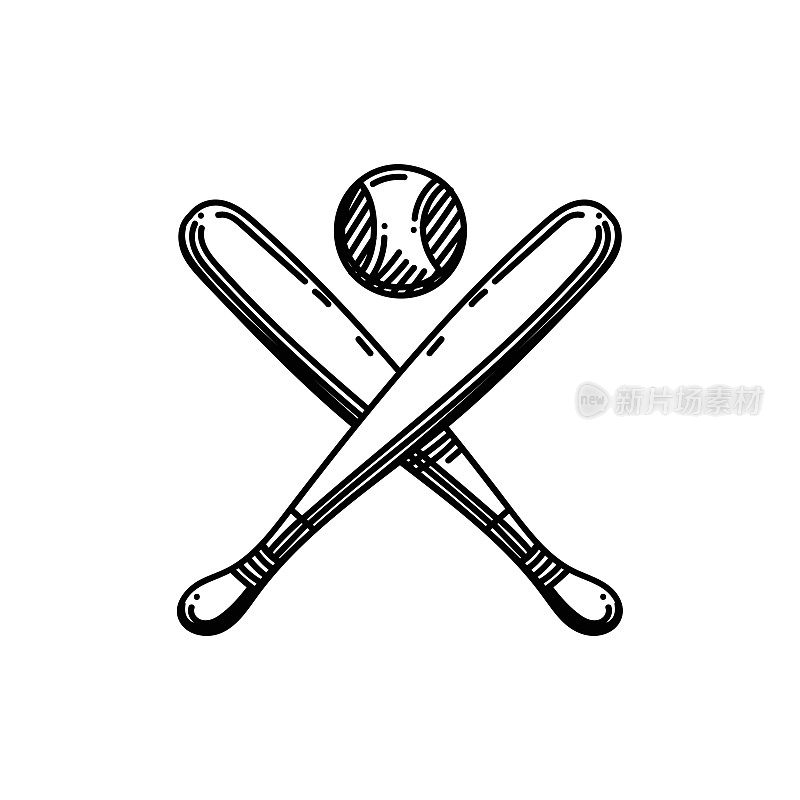棒球棒线图标，草图设计，像素完美，可编辑笔画。标志、标志、符号。运动，团队，球，比赛。