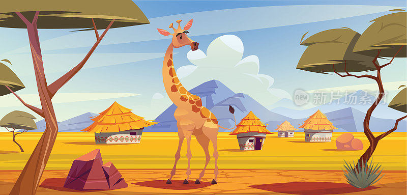 长颈鹿在非洲大草原，景观场景插图