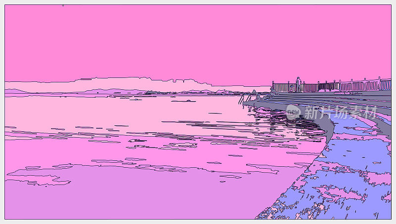 轮廓风格霓虹色彩超时空卡通户外场景,湖滨