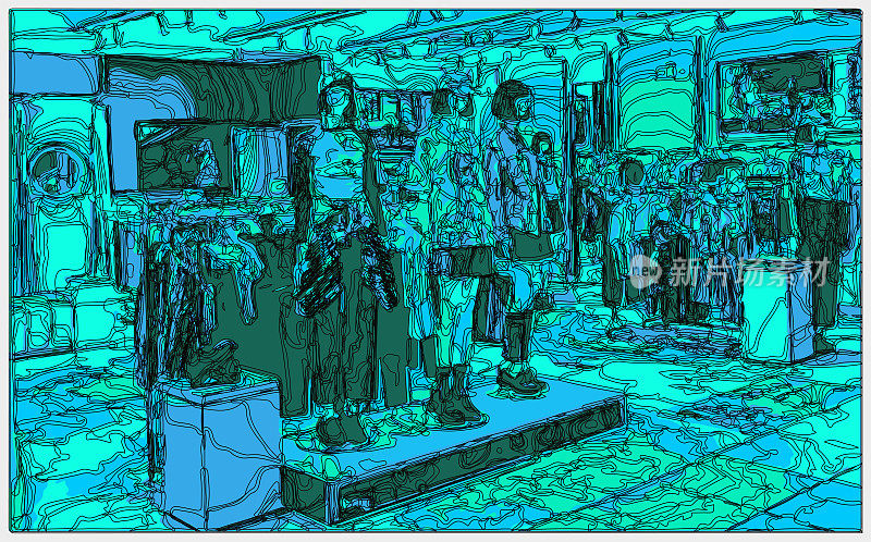 勾勒风格霓虹色彩的立体卡通室内场景,服装卖场的室内空间