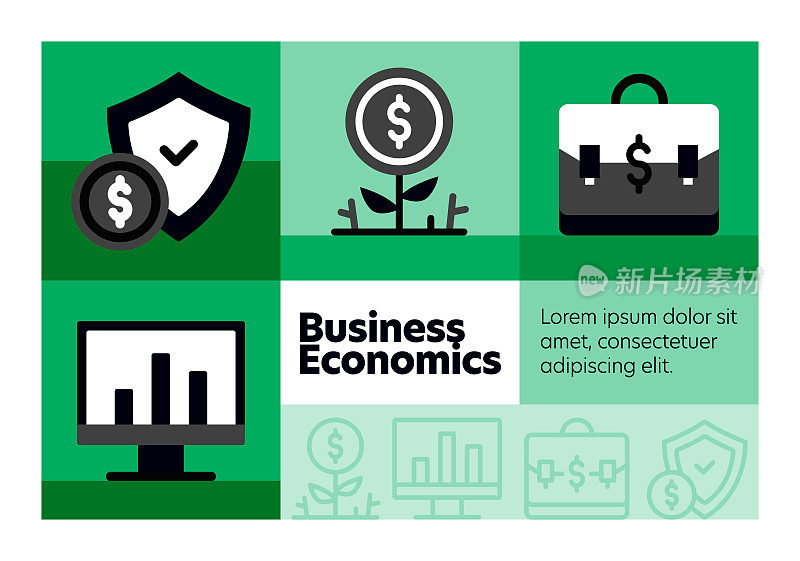 商业经济线图标集和横幅设计。