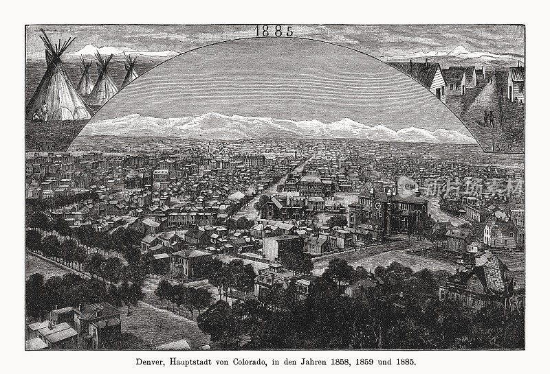 美国科罗拉多州丹佛市的历史观，木版雕刻，出版于1894年