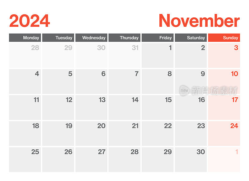 2024年11月-日历规划师。极简风格的景观水平日历2024年。向量模板。这一周从星期一开始