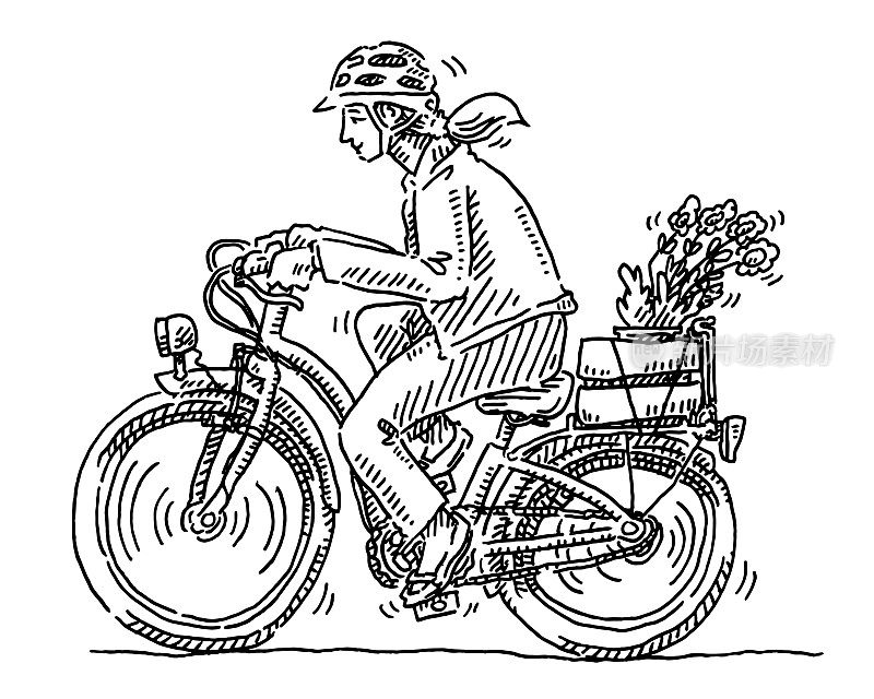 骑自行车的女人拿着花画画