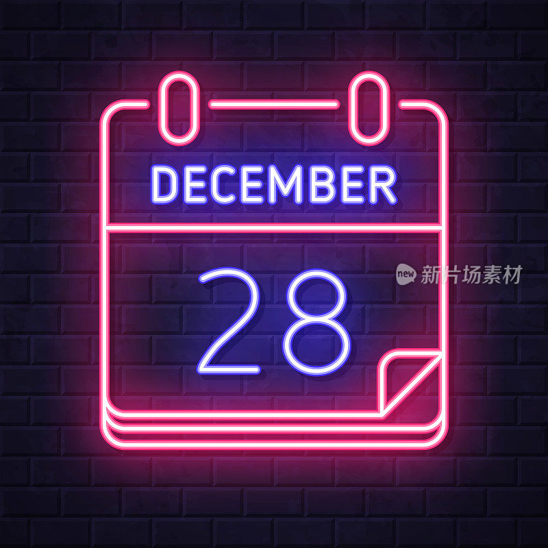 12月28日。在砖墙背景上发光的霓虹灯图标