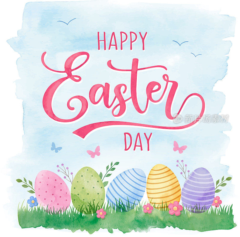 快乐的复活节水彩画贺卡与水彩画装饰鸡蛋和花在白色的背景。