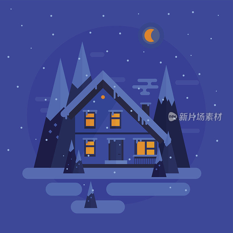 矢量平面设计。冬夜雪，树，房子。插图