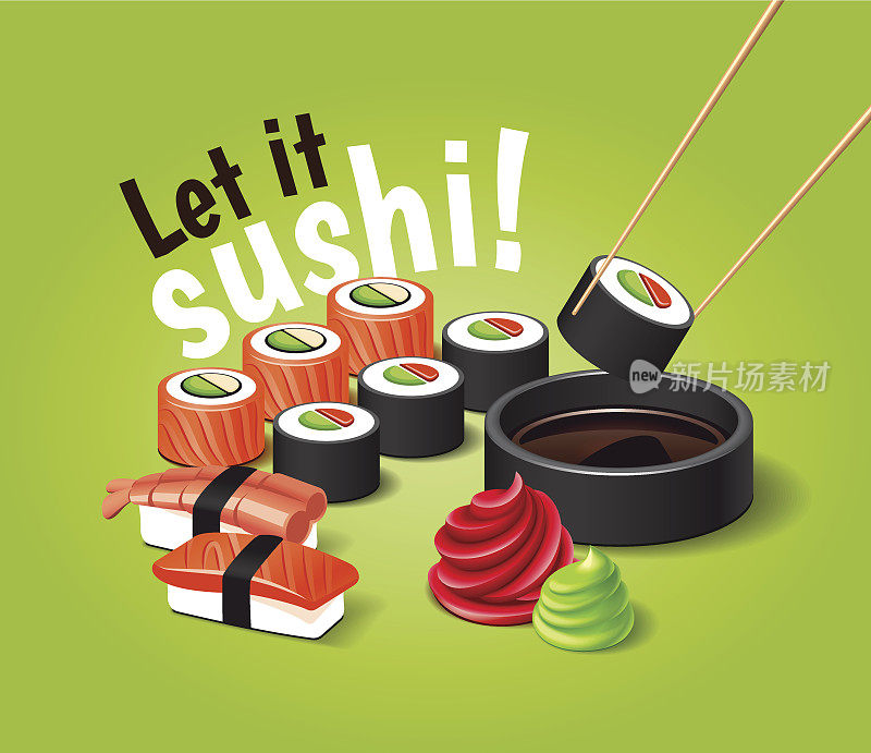矢量寿司插图与现实的3d效果。日本的食物。