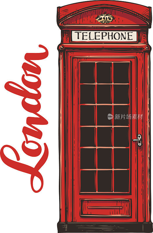 伦敦，红色电话亭。矢量图