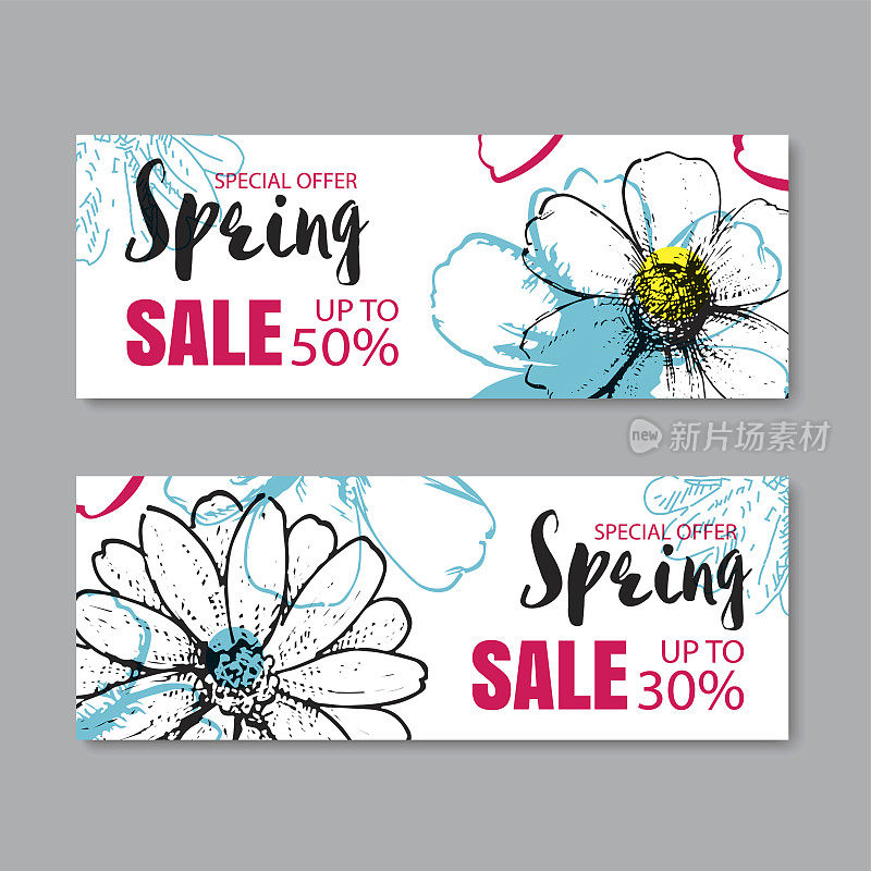 春季特价横幅模板与五颜六色的花朵。可使用代金券、墙纸、传单、邀请函、海报、宣传册、优惠券等优惠。
