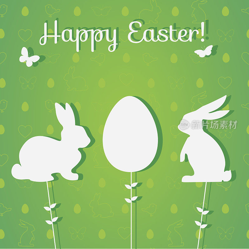 复活节的背景有绿色的鸡蛋、兔子、蝴蝶。完美的佛