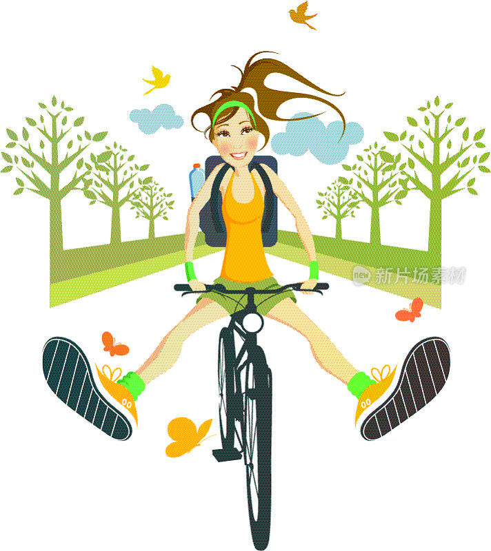 快乐的女人骑自行车的插图