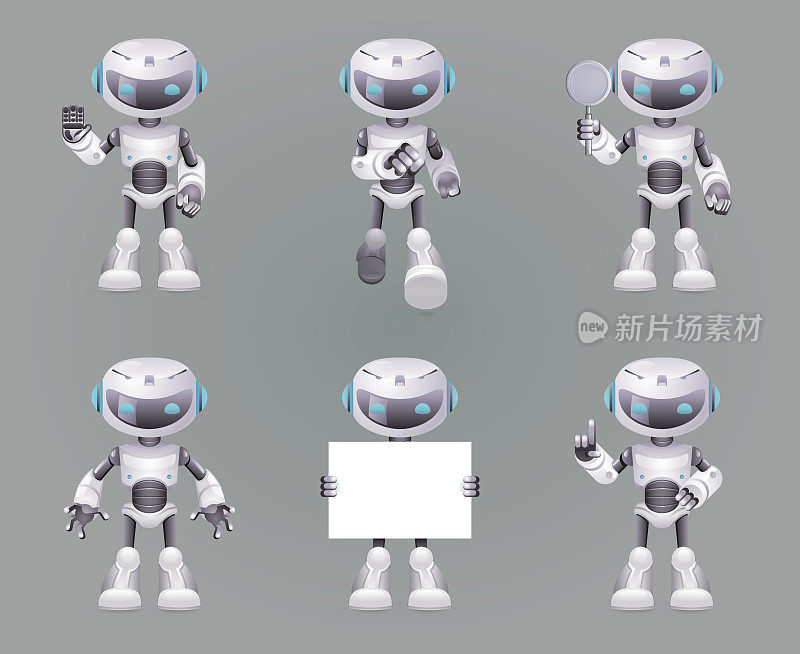 不同姿态的机器人创新技术科幻未来可爱的小3d图标集设计矢量插图