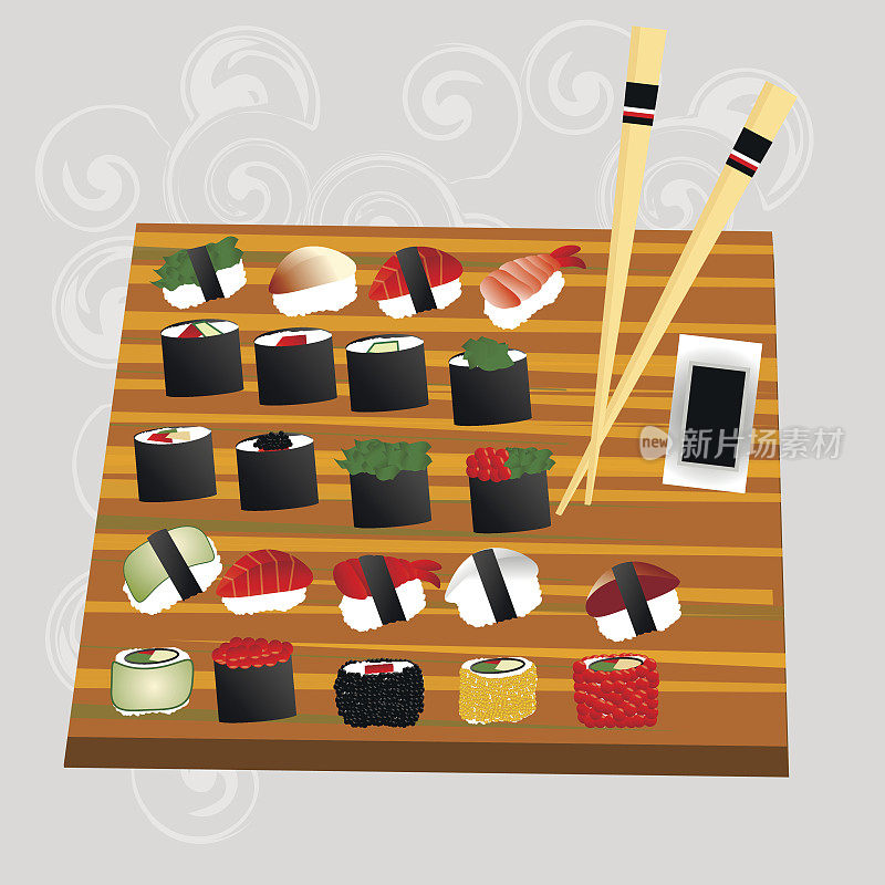 寿司，日式食物，木质背景。扁平食物寿司卷和日本海鲜寿司卷。亚洲美食餐厅味道鲜美。三文鱼寿司卷，熏鳗鱼，选择性食物载体。