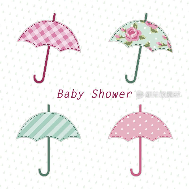可爱的复古婴儿淋浴卡与伞织物贴花