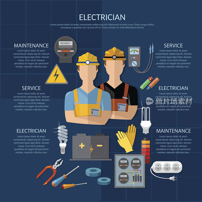 专业电工信息图。电动工具的安装和维修。电气设备演示模板