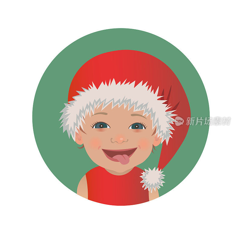 可爱的微笑舌头宝宝圣诞老人的表情。圣诞快乐，孩子表情。圣诞老人帽子快乐的孩子化身