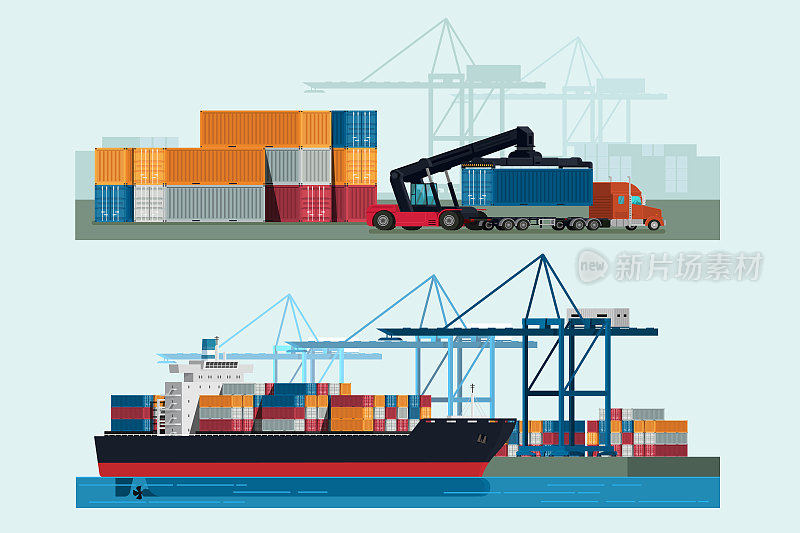 货物物流汽车和运输集装箱船用工作起重机进出口运输业和堆场叉车。说明向量