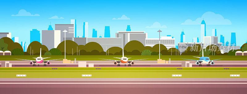 飞机飞过机场大楼，现代航站楼，飞机在跑道上等待起飞现代城市背景