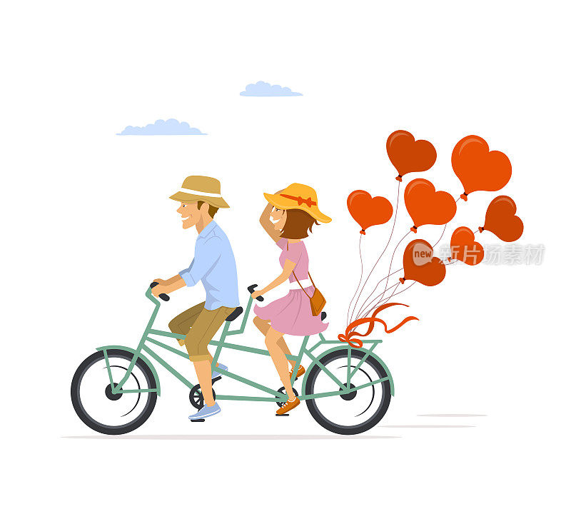 可爱、浪漫、欢快的情侣骑着带心形气球的双人自行车