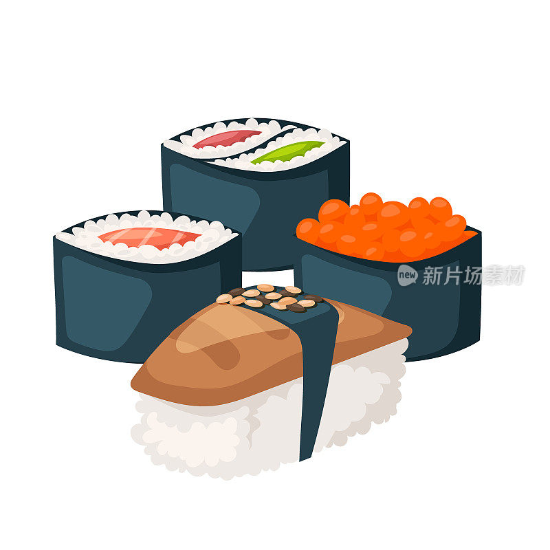 寿司日本料理传统食物平面健康美食图标亚洲餐饮文化卷矢量插图