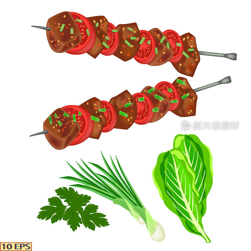 加香料和洋葱的烤肉串。烤肉串上的烤肉。美味的肉，在木炭上烤，配上西红柿，洋葱和面包。食谱插图，餐厅菜单，厨房内部。